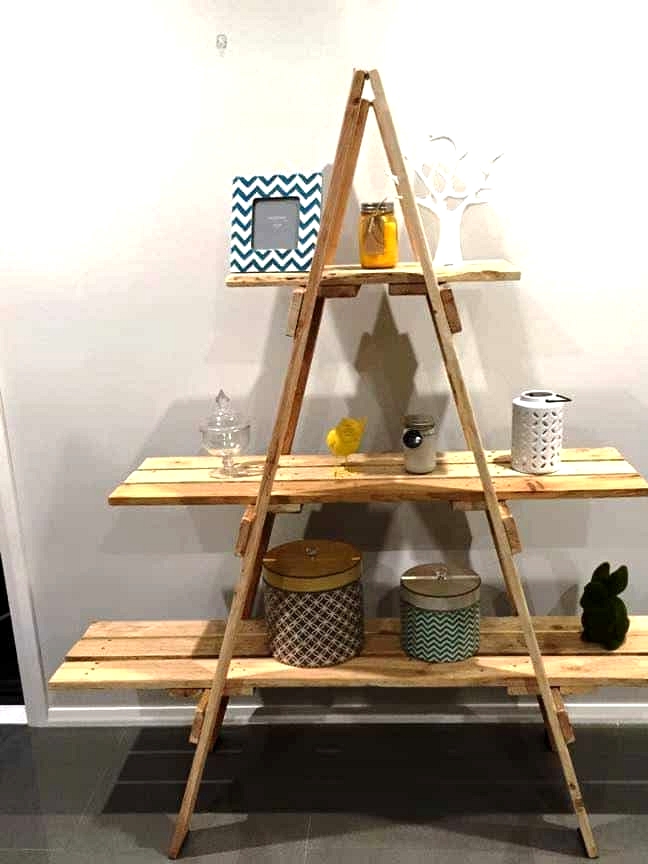 #18. CREATING A SHELVING UNIT OUT OF A WOODEN LADDER AND PALLET WOOD