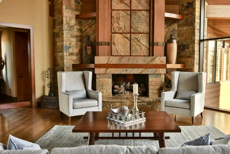A French Country Living Room with a Fireplace