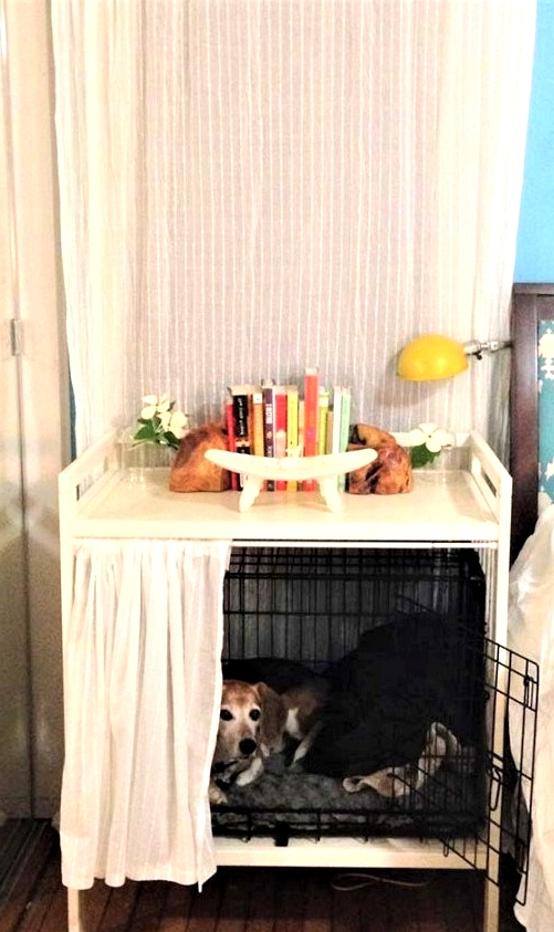 Changing table turned IKEA hack for pets. Great Dog crate storage idea. 