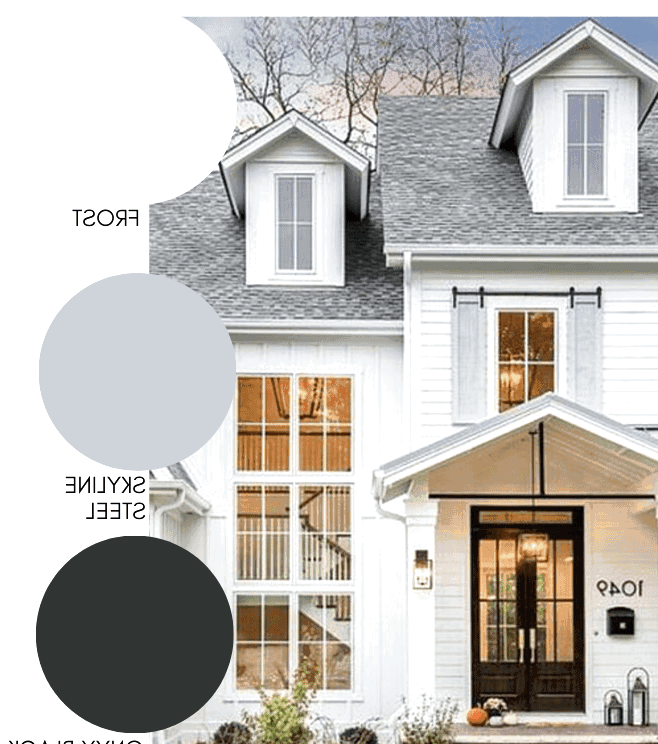 white modern farmhouse exterior paint with light grey farmhouse window shutters