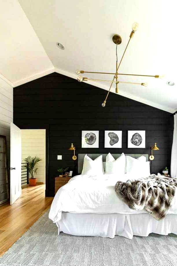 Painted black shiplap in an edgy modern master suite