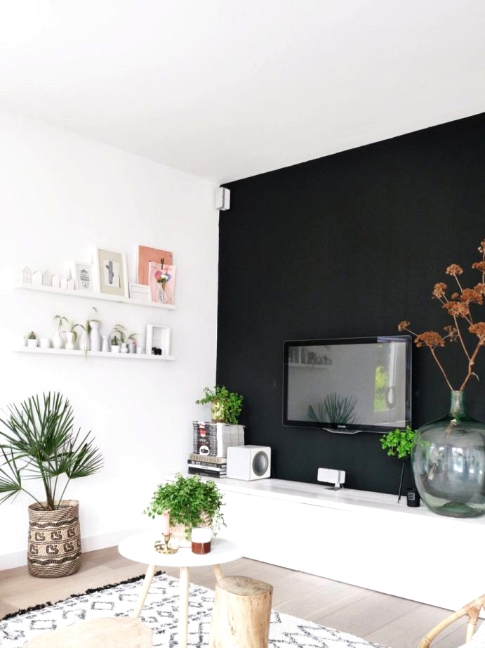 Painted black wall hides the TV in this living room