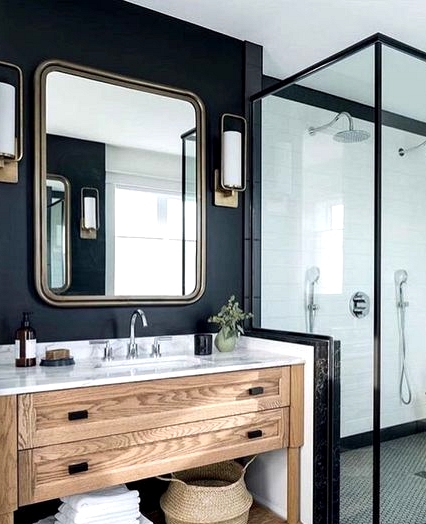 Transitional bathroom with a black accent wall