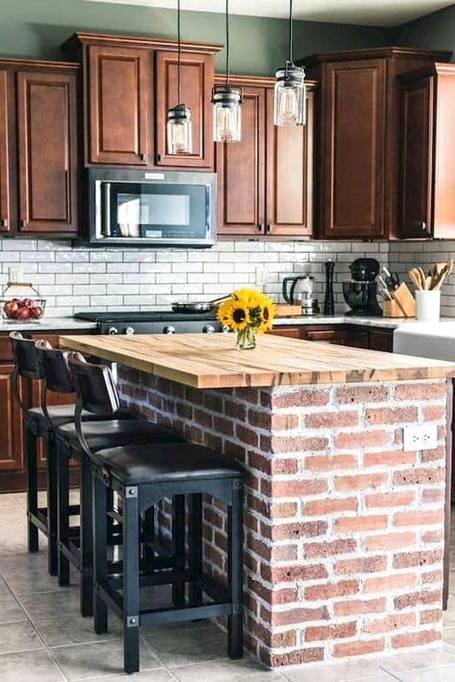 Barnwood Countertop with Brick Kitchen Island