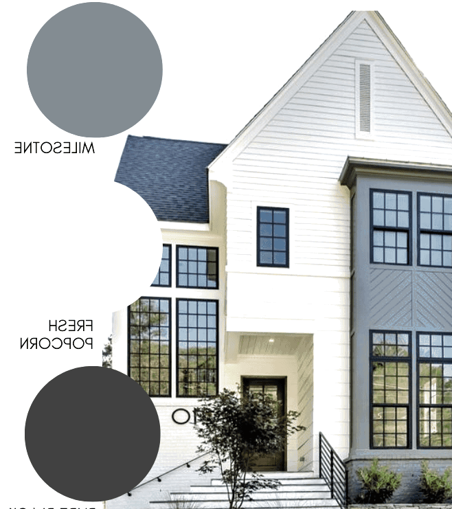 A Modern Farmhouse Exterior with light beige paint and grey accents. 