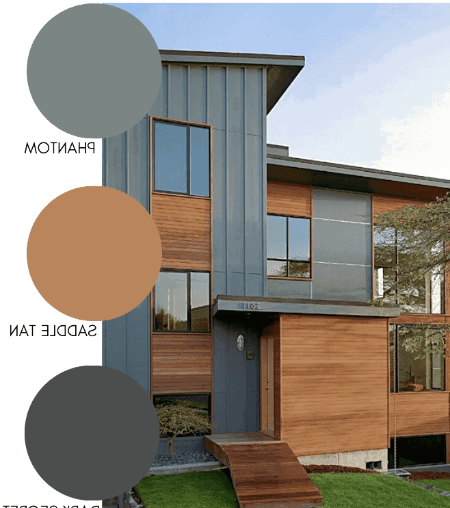 Modern home exterior with natural wood and green grey paint combination