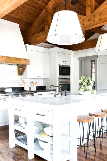 Modern farmhouse kitchen with exposed beams and a wood ceiling
