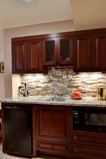 Go Rustic with Warm Wood and Stone Backsplash