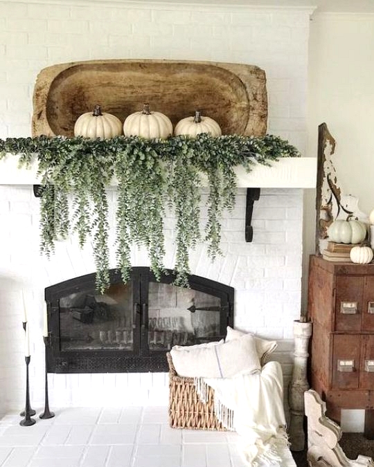 chic fall home decor with white pumpkins and fresh greenery
