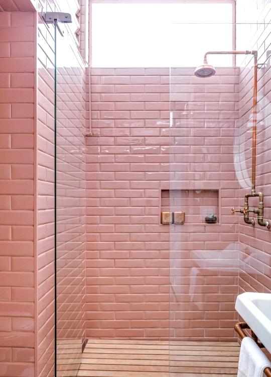 Pink Shower tile with copper and natural wood 