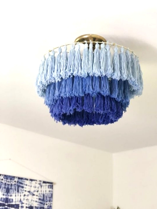 DIY blue yarn ombre light fixture that covers boob light