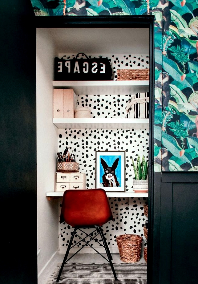 A cute alcove office space in a converted closet. 