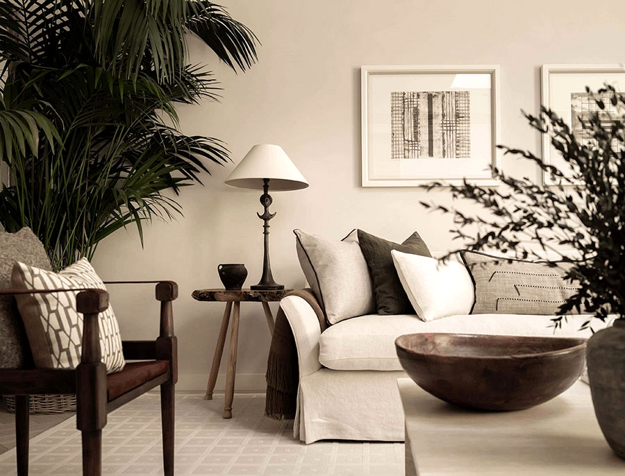 Impartial interiors of London condo with vegetation