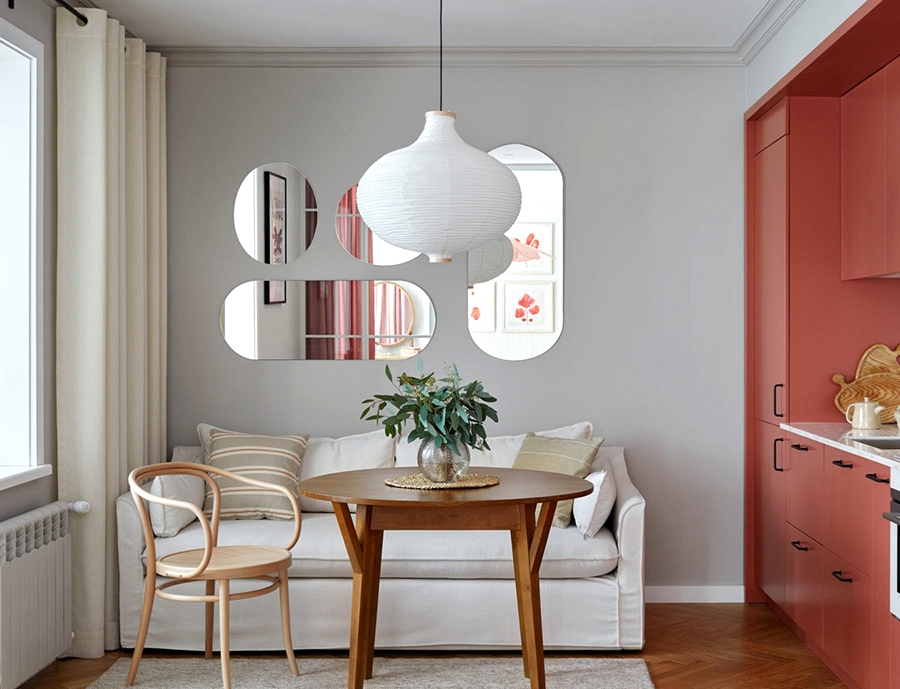Feminine interiors of small apartment in Almaty, completed during the epidemic