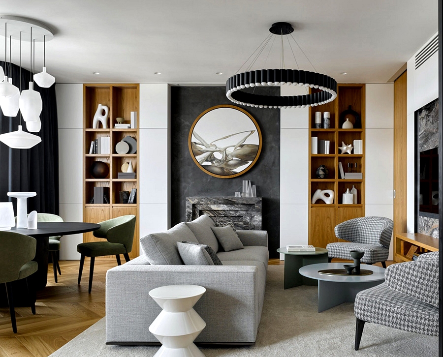 Elegant white and gray apartment with abundance of wood in Moscow