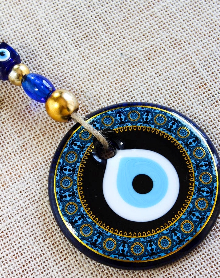 Blue Colour Painted Glass Round Evil Eye Wall Hanging Decor - Turkish Nazar Amulet
