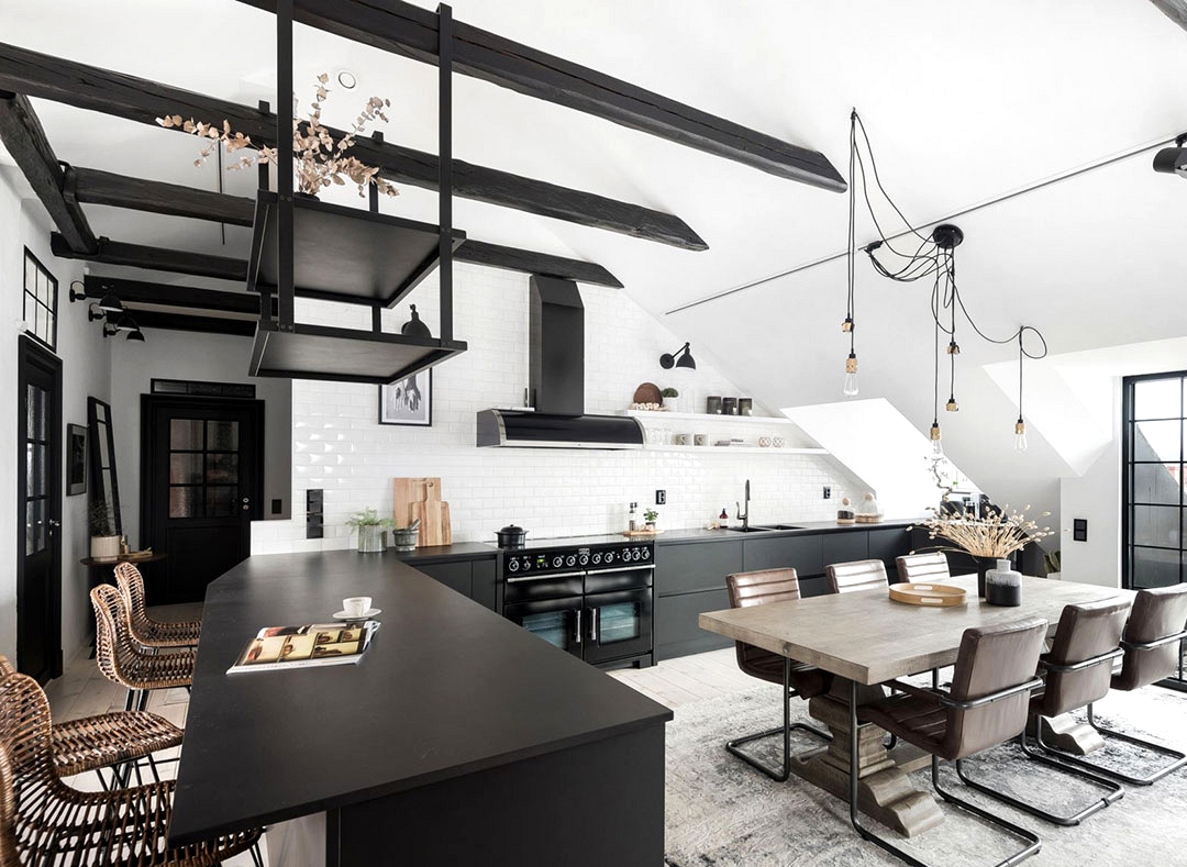 Attic apartment with black kitchen and sauna in Sweden (105 sqm)