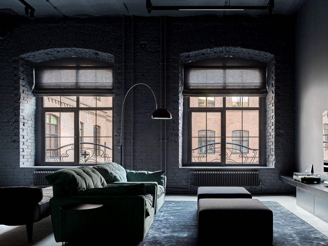 Completely black loft in ormer manufacturing unit in Moscow