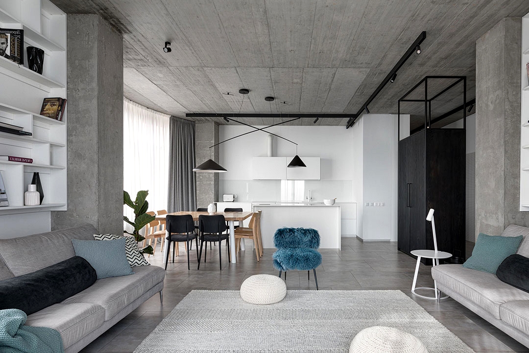 Concrete and black and white decor: a minimalist apartment for a family in Kryvyi Rih