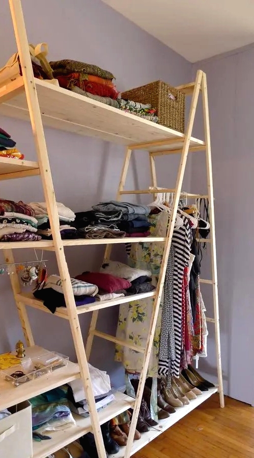 a large and comfy wardrobe made of several ladders and shelves added to store everything you can