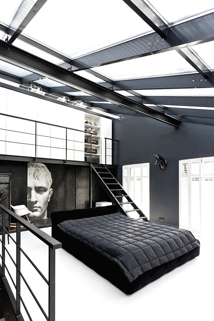 a minimalist meets industrial bedroom with a black bed and grey bedding, a statement artwork and a glass ceiling to maximize natural light