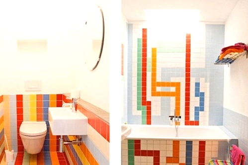 white bathrooms accented with super bright and bold tiles all over look amazing, they make you feel at ease and enjoy the color