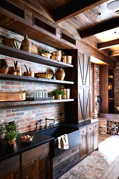 a dark kitchen with red brick walls and floor, dark reclaimed wood cabinets and matching shelves plus potted greenery