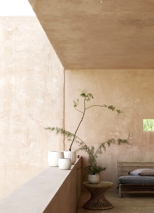 a neutral outdoor space with blush limewashed walls, rattan furniture, potted plants is gorgeous