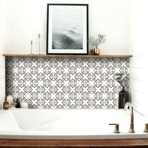 a modern farmhouse bathroom accented with vinyl tile stickers is a lovely space to be and it shows off its style