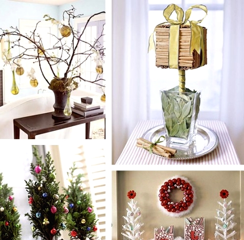 tabletop Christmas trees - mini potted ones, branches with ornaments, faux white Christmas trees and an alternative one