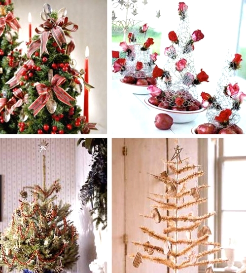 various tabletop Christmas trees - mini fir trees wiht ornaments, branches with decor, faux white Christmas trees with bows