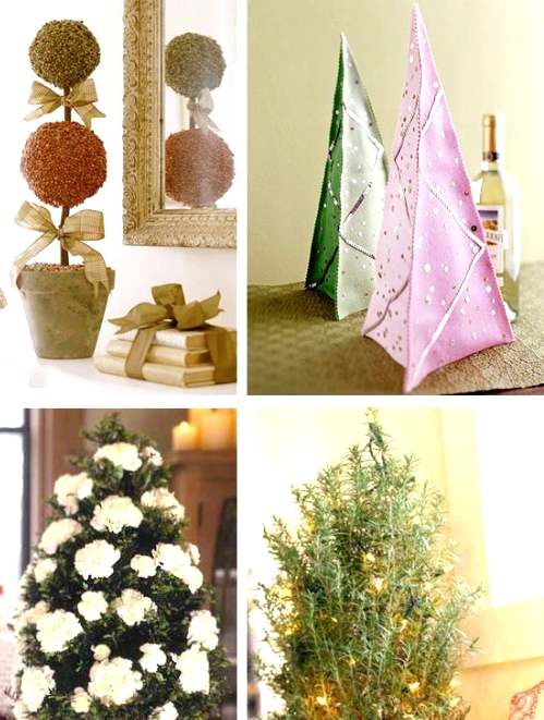 various tabletop Christmas trees - potted plants, paper trees and topiaries will add a bit of holiday cheer to your space