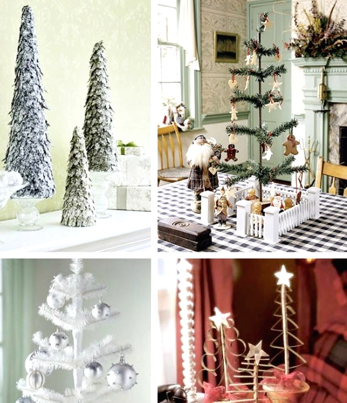 an assortment of Christmas trees - flocked, white and usual ones, with detailing and without it