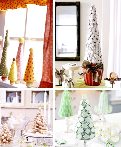cool tabletop Christmas trees - of candy canes, peppermints, cookies and colored cardboard are great and easy to make