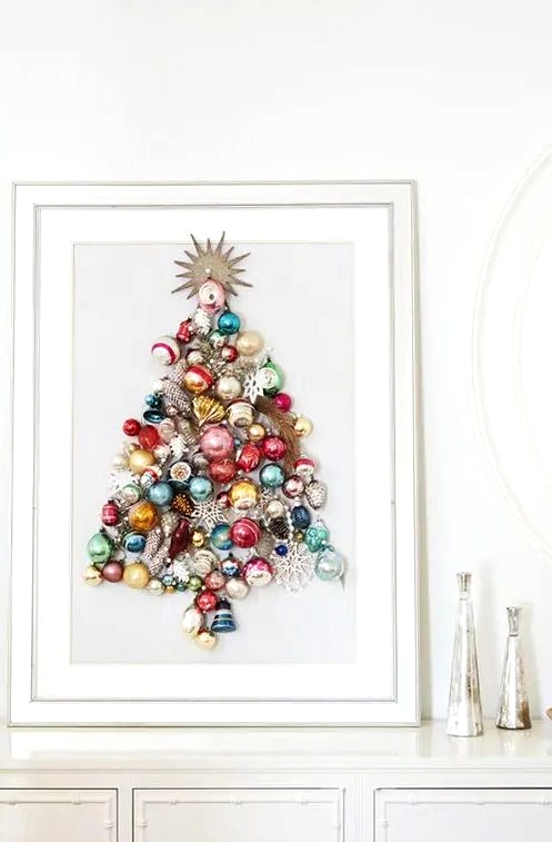 a beautiful colorful Christmas tree artwork made of ornaments is a chic idea of an additional or alternative Christmas tree