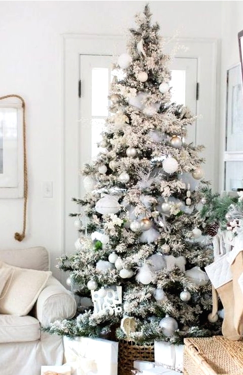 a flocked Christmas tree with white, silver and emerald ornaments, feathers, pinecones and grey ribbons is a lovely idea
