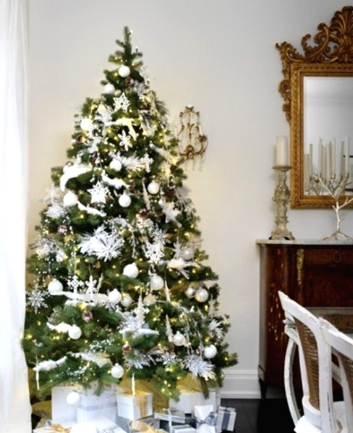 winter wonderland Christmas tree decor in white and silver, with fluffy garlands, snowflakes, lights, animal silhouettes
