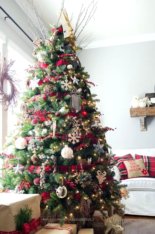 a bright Christmas tree decorated with plaid ribbons and ornaments, lights, snowflakes, deer and twigs is very cool
