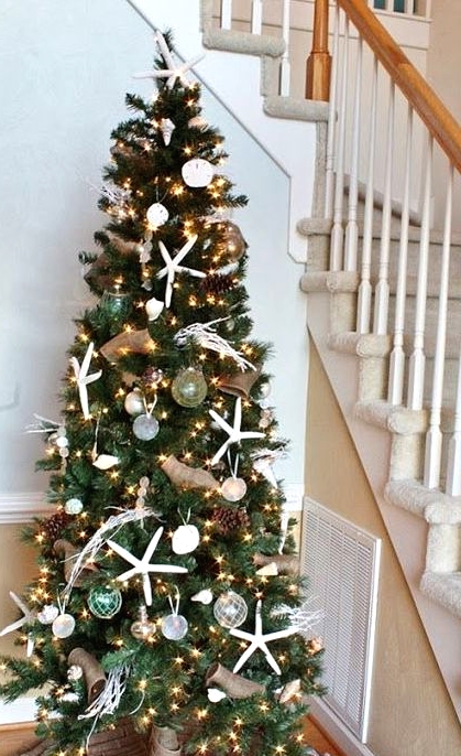 a coastal Christmas tree with lights, pinecones, starfish, buoys, corals is a cool idea for a beach rustic Christmas tree