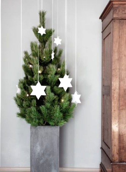 a minimalist Christmas tree in a tall concrete planter, with lights and white clay stars hanging over the tree is a lovely idea to rock