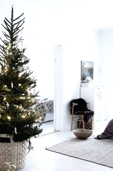 a modern Christmas tree with lights and in a woven basket is a stylish idea for a modern or Scandinavian space