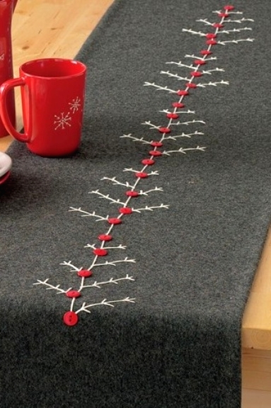 a grey felt table runner with embroidery and red buttons is a lovely decoration for Christmas, it's a lovely and cool idea