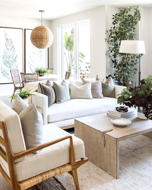 a lovely and welcoming neutral living room with a sofa, some chairs, a plywood coffee table, potted plants, a woven pendant lamp and layered rugs