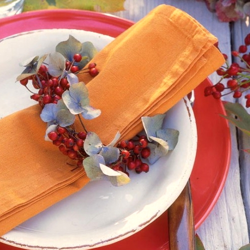 layered white and red plates paired with an orange napkin with a berry and leaf napkin ring is a very stylish solution for a modern Thanksgiving place setting