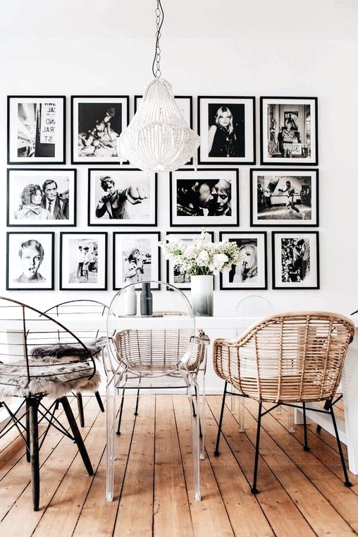 a stylish black and white free form gallery wall with a regular shape is a cool idea that looks eye-catchy