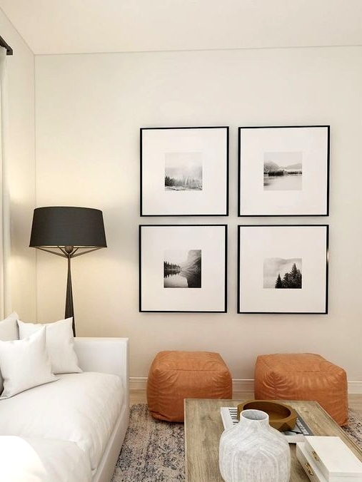 such a mini black and white gallery wall with wide matting and thin black frames brings a chic and elegant accent to the space