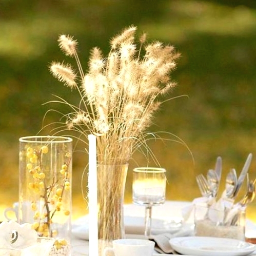 a simple and natural Thanksgiving centerpiece of a clear vase with bunny tails is a gorgeous idea for fall and Thanksgiving