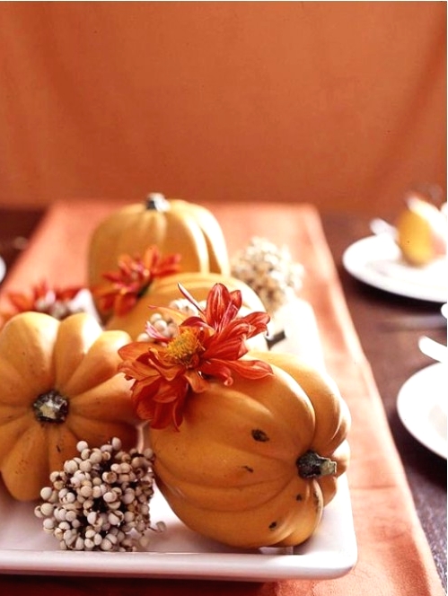 a plate with pumpkins, berris and bold blooms is a perfect idea of a very fast and cool Thanksgiving centerpiece