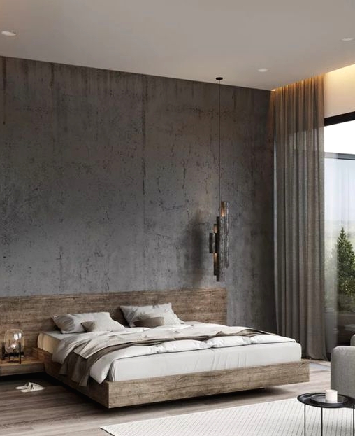 a sophsticated minimalist bedroom with an aged metal accent wall, a light-stained floating bed with built-in nightstands, neutral bedding and a pendant lamp