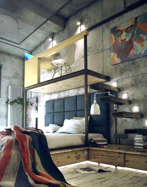 an industrial bedroom with concrete walls and a shabby chic floor, a floating bed with a built-in nightstand and a platform on top